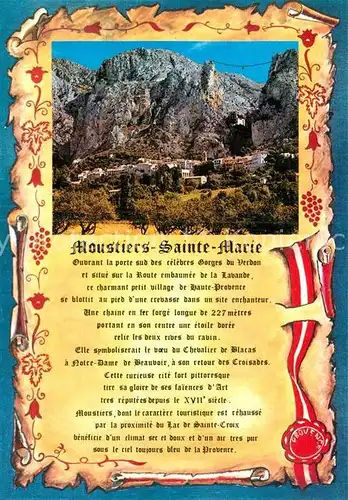 AK / Ansichtskarte Moustiers Sainte Marie Panorama Chronik Moustiers Sainte Marie