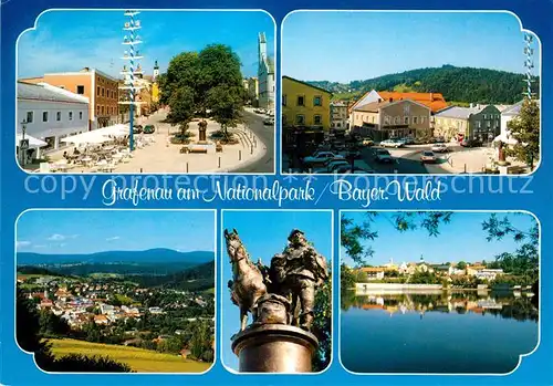 AK / Ansichtskarte Grafenau_Niederbayern Marktplatz Reiterdenkmal Panorama Grafenau Niederbayern