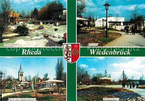 AK / Ansichtskarte Rheda Wiedenbrueck Wassergarten Seecafe Aegidiuskirche Kletterzirkus Rheda Wiedenbrueck