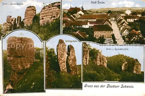 AK / Ansichtskarte Dauba_Tschechien Sandsteingebirge Gemeindewald Felsen Zwillingsteine Gruendelmuehle Dauba Tschechien