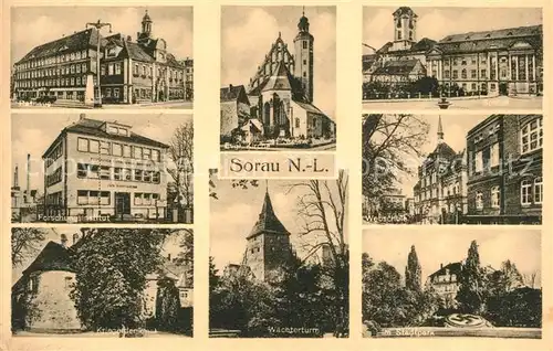 AK / Ansichtskarte Sorau_Niederlausitz Rathaus Forschungsinstitut Kriegerdenkmal Kirche Waechterturm Schloss Webschule Stadtpark Sorau_Niederlausitz