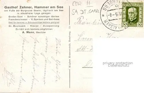 AK / Ansichtskarte Hammer_See_Tschechien Gasthof Zehner Burgruine Dewin Kuenstlerkarte Hammer_See_Tschechien