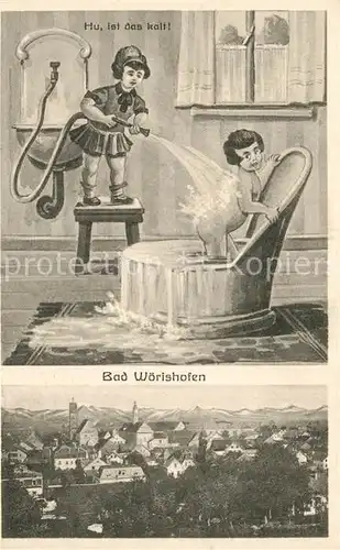 AK / Ansichtskarte Bad_Woerishofen Kuranwendung Karikatur Stadtpanorama mit Alpen Bad_Woerishofen