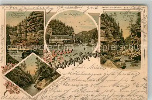AK / Ansichtskarte Saechsische_Schweiz Restauration Edmundsklamm Herrnskretschen Natur Felsen Litho Deutsche Reichspost Saechsische Schweiz