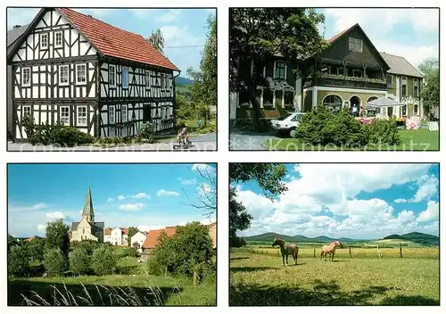 AK / Ansichtskarte Rasdorf_Huenfeld Fachwerkhaus Pferdekoppel Kirche Gasthaus Rasdorf Huenfeld