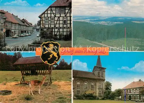 AK / Ansichtskarte Dransfeld Fachwerkhaeuser Panorama Kirche Wildfuetterung Dransfeld