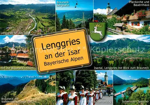 AK / Ansichtskarte Lenggries Fliegeraufnahme Brauneck Bergbahn Pfarrkirche Bauernhaus  Lenggries