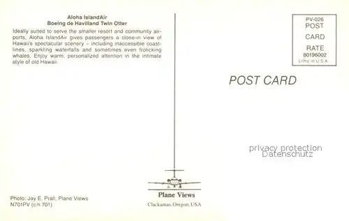 AK / Ansichtskarte Flugzeuge_Zivil Aloha Island Air Boeing de Havilland Twin Otter N701PV Flugzeuge Zivil