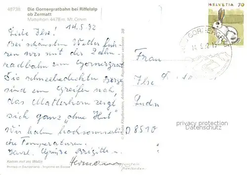 AK / Ansichtskarte Zahnradbahn Gornergratbahn Riffelalp Zermatt Matterhorn  Zahnradbahn