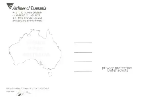 AK / Ansichtskarte Flugzeuge_Zivil Airlines of Tasmania PA 31 350 Navajo Chieftain cn 31  Flugzeuge Zivil