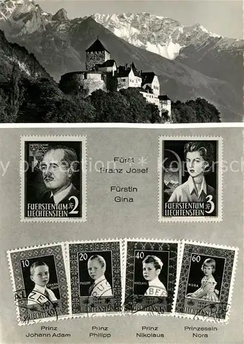 AK / Ansichtskarte Briefmarke_auf_Ak Fuerstentum Liechtenstein Fuerst Franz Josef Fuerstin Gina Schloss Vaduz Briefmarke_auf_Ak