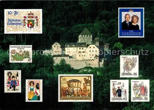AK / Ansichtskarte Briefmarke_auf_Ak Liechtenstein Schloss Vaduz  Briefmarke_auf_Ak