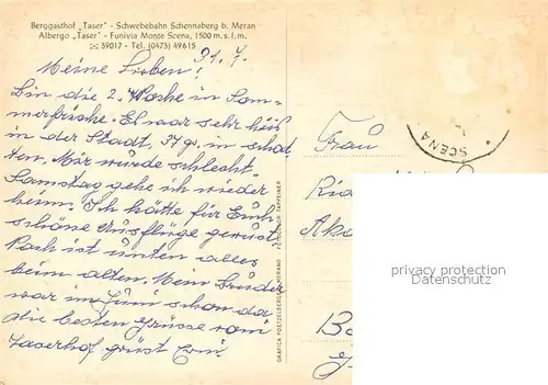 AK / Ansichtskarte Seilbahn Schennaberg Meran Berggasthof Taser  Seilbahn
