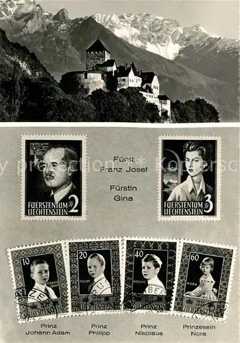 AK / Ansichtskarte Briefmarke_auf_Ak Liechtenstein Fuerst Franz Josef Fuerstin Gina Schloss Vaduz  Briefmarke_auf_Ak
