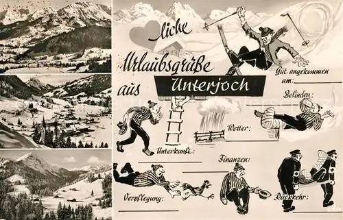 AK / Ansichtskarte Unterjoch Panorama Wintersportplatz Alpen Karikaturen Unterjoch