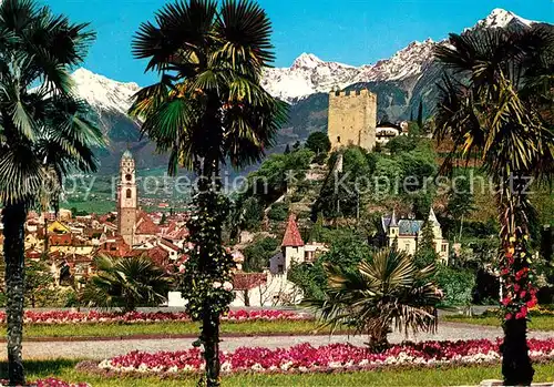 AK / Ansichtskarte Merano_Suedtirol Kurpark Palmen Burgruine Texelgruppe Merano Suedtirol