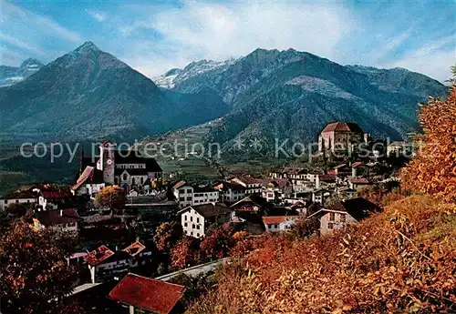 AK / Ansichtskarte Schenna_Meran Ortsansicht mit Kirche Alpen Herbststimmung Schenna Meran