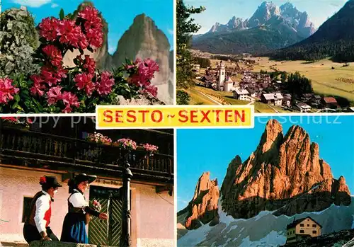AK / Ansichtskarte Sexten_Sesto_Suedtirol Alpenflora Trachten Berghaus Dolomiten Landschaftspanorama Sexten_Sesto_Suedtirol
