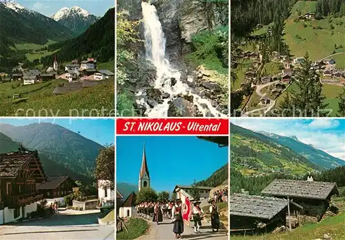 AK / Ansichtskarte St_Nikolaus_Ultental Ortsansichten Kirche Berghuetten Wasserfall Festumzug Musikkapelle Trachten St_Nikolaus_Ultental