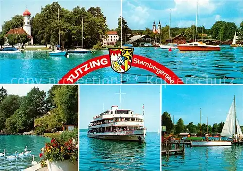AK / Ansichtskarte Tutzing Partie am Starnbergersee Seglerhafen Faehre Schwaene Tutzing