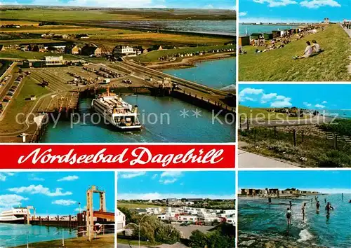 AK / Ansichtskarte Dagebuell Hafen Nordseebad Faehre Fliegeraufnahme Campingplatz Strand Promenade Damm Dagebuell
