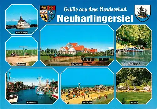 AK / Ansichtskarte Neuharlingersiel Spiekeroog I Spielplatz Kutterhafen Kurhaus Strand Bootsverleih Kurpark Neuharlingersiel