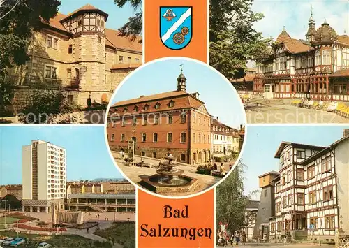 AK / Ansichtskarte Bad_Salzungen Haunscher Hof Rathaus Gradierwerk Leninplatz Kurverwaltung Bad_Salzungen