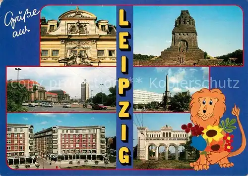 AK / Ansichtskarte Leipzig Romanushaus Voelkerschlachtdenkmal Bahnhof Mendebrunnen Kolonnadenstrasse Bayerischer Bahnhof Loewe Leipzig