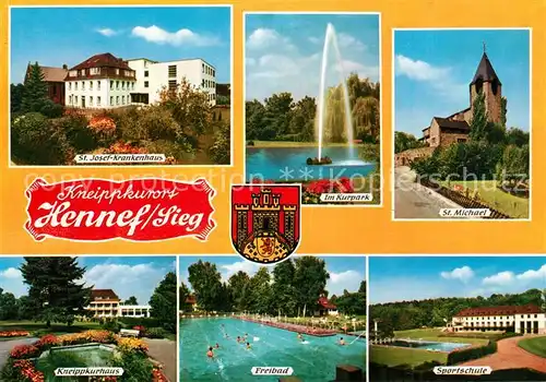 AK / Ansichtskarte Hennef_Sieg St Josefs Krankehaus Kurpark St Michael Kneippkurhaus Freibad Sportschule Hennef Sieg