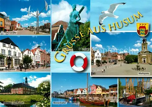 AK / Ansichtskarte Husum_Nordfriesland Hafenstr Grosstrasse Marktplatz Schloss Binnenhafen Hafen Husum_Nordfriesland