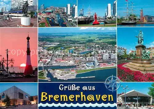 AK / Ansichtskarte Bremerhaven Teilansichten Leuchtturm Fliegeraufnahme Denkmal Stadthalle Bremerhaven