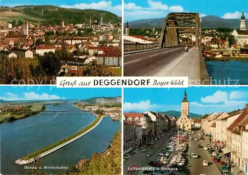 AK / Ansichtskarte Deggendorf_Donau Stadtblick Bruecke Donaupartie Luitpoldplatz und Rathaus Deggendorf Donau