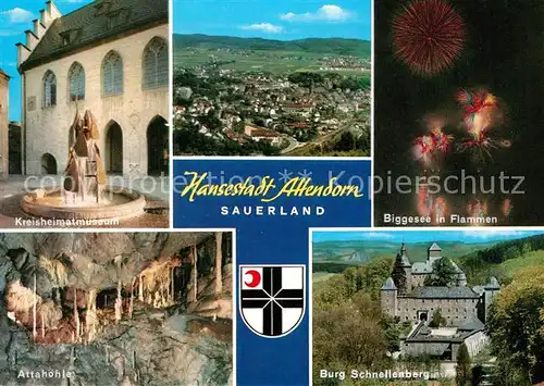 AK / Ansichtskarte Attendorn Kreisheimatmuseum Panorama Biggesee in Flammen Attahoehle Burg Schnellenberg Attendorn