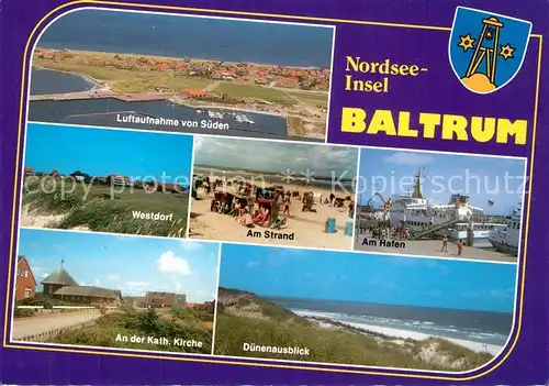 AK / Ansichtskarte Baltrum_Nordseebad Fliegeraufnahme Westdorf Strand Hafen Kath Kirche Duenen Baltrum_Nordseebad