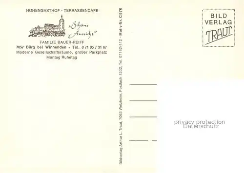 AK / Ansichtskarte Buerg_Winnenden Hoehengasthof Terrassencafe Buerg Winnenden