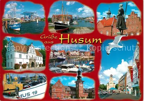 AK / Ansichtskarte Husum_Nordfriesland Teilansichten Hafenpartien Rathaus Skulptur Husum_Nordfriesland