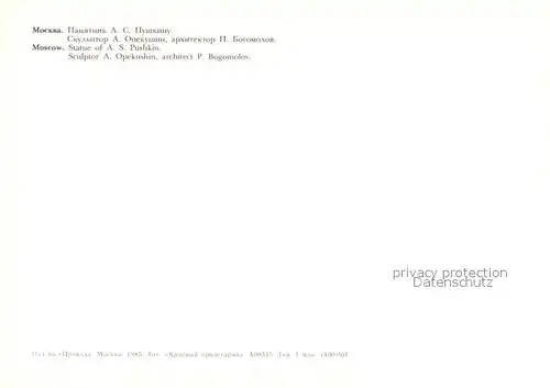 AK / Ansichtskarte Moscow_Moskva Statue of Pushkin Moscow Moskva