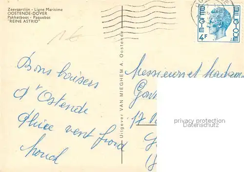 AK / Ansichtskarte Schiffe_Ships_Navires Pakketboot Reine Astrid Oostende  Schiffe_Ships_Navires