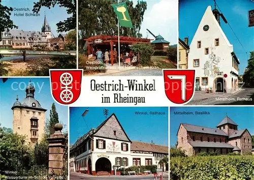 AK / Ansichtskarte Oestrich Winkel Hotel Schwan Weinprobierfass Historischer Kran Wasserturm Schloss Vollrads Mittelheim Rathaus Basilika Oestrich Winkel