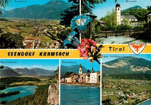 AK / Ansichtskarte Kramsach Panorama Ortsmotiv mit Kirche Mariatal Reintalersee Rattenberg Blick gegen Voldoepperberg Fliegeraufnahme Alpenflora Kramsach