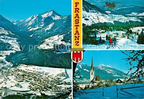 AK / Ansichtskarte Frastanz Blick zur Kirche Winterlandschaft Fliegeraufnahme Skilift Bazora Alpenpanorama Frastanz