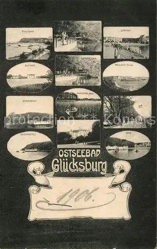AK / Ansichtskarte Gluecksburg_Ostseebad Schloss Strand Schlossteich Badeanstaldt Gluecksburg_Ostseebad