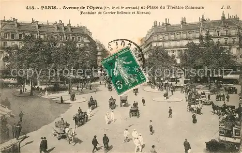 AK / Ansichtskarte Paris Avenu de L`Opera Place du Theatre Francais Pferdekutschen Paris