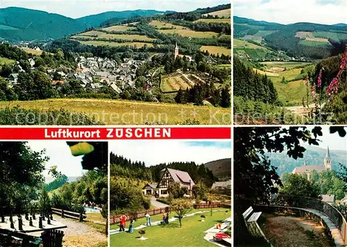 AK / Ansichtskarte Zueschen_Sauerland Gesamtansicht Landschaftspanorama Bodenschach Minigolf Kirche Zueschen_Sauerland