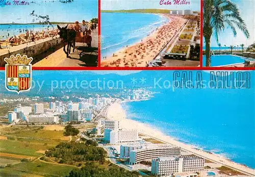 AK / Ansichtskarte Cala_Millor_Mallorca Kuestenpanorama Fliegeraufnahme Eselkarren Swimming Pool Palmen Cala_Millor_Mallorca