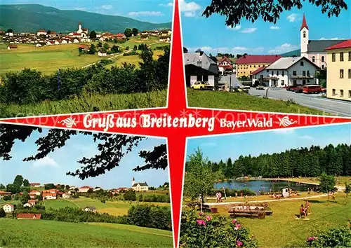 AK / Ansichtskarte Breitenberg_Niederbayern Landschaftspanorama Ortsmotiv mit Kirche Freibad Breitenberg Niederbayern