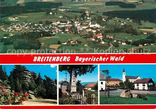 AK / Ansichtskarte Breitenberg_Niederbayern Felsen Grabstaette Ortsmotiv mit Kirche Fliegeraufnahme Breitenberg Niederbayern