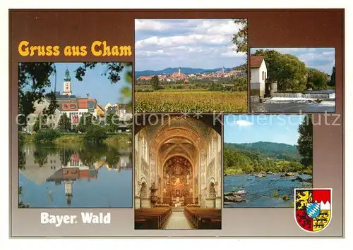 AK / Ansichtskarte Cham_Oberpfalz Partie am Fluss Blick zur Stadt Kirche Inneres Wehr Wappen Cham Oberpfalz