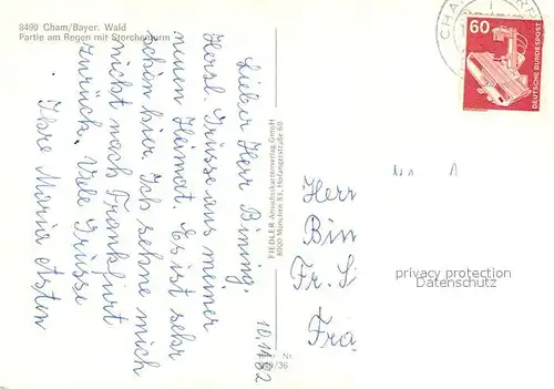 AK / Ansichtskarte Cham_Oberpfalz Partie am Regen mit Storchenturm Cham Oberpfalz