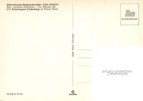 AK / Ansichtskarte Lindenberg_Pfalz Hotel Pension Cafe Zum Hirsch Ortsansicht mit Kirche Lindenberg Pfalz